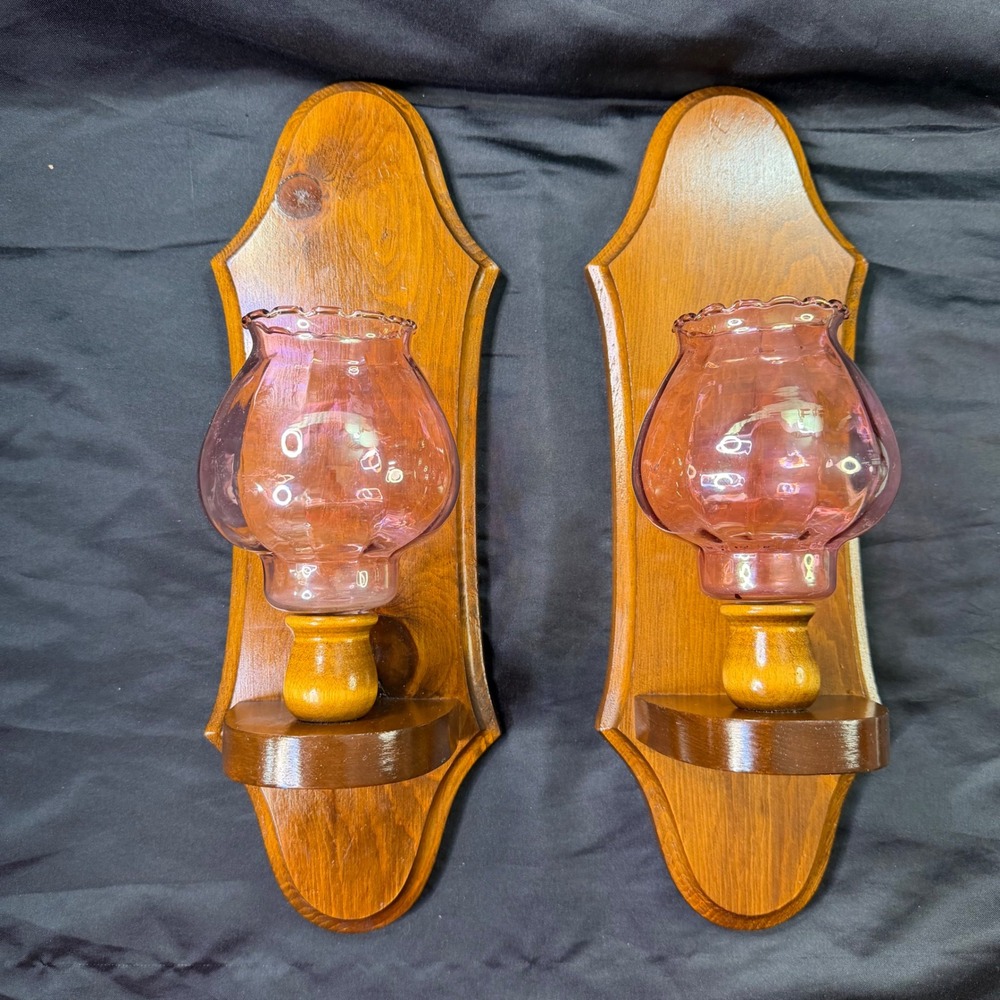 Vintage Wood Wall Sconce Pair Amethyst Purple Glass Hurricane Candle Holders